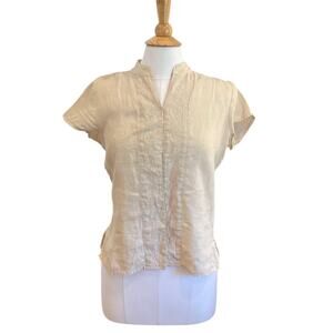 Jillian Jones Beige 100% Linen Embroidered Short Sleeve Blouse, Size M